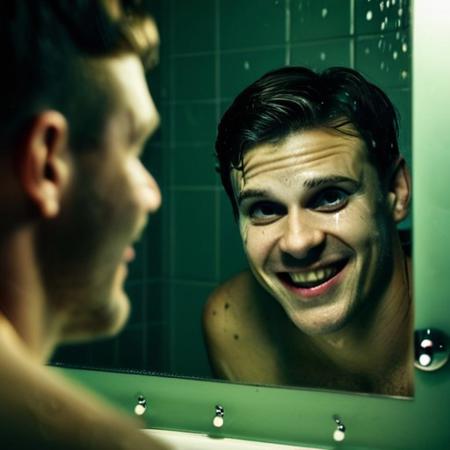 close-up of a bathroom mirror with a male reflection smiling eerily while the real person looks confused, creepy facial expression with slightly distorted features, low light with greenish tint, realistic water droplets on the mirror, uncanny valley look, horror vibe, highly detailed skin and eyes, cinematic lighting, horror realism