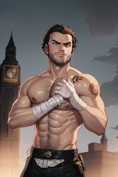 jacob frye, eyebrow cut, fighting stance, topless, pants, body hair, bandaged hand, detailed eyes, angry, in (Victorian London:1.3), upper body, <lora:Nlo_JacobFrye_v1:0.9> <lora:silverjowStyleLora_silverjowStyleV2:0.2>