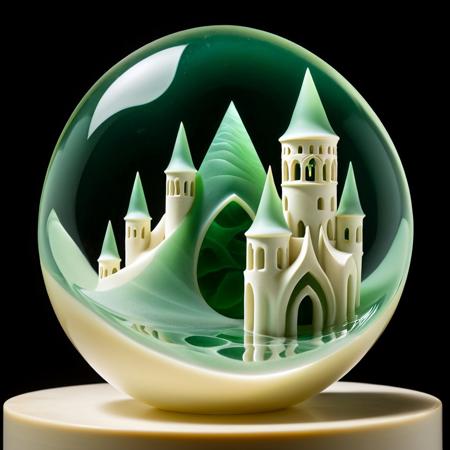 Incredibly smooth green sea glass and polished ivory create a seamless, abstract representation of Picasso's art, imbued with the golden ratio. MC Escher and airy elven fantasy architecture meet and give birth to something wondrous and overwhelming.