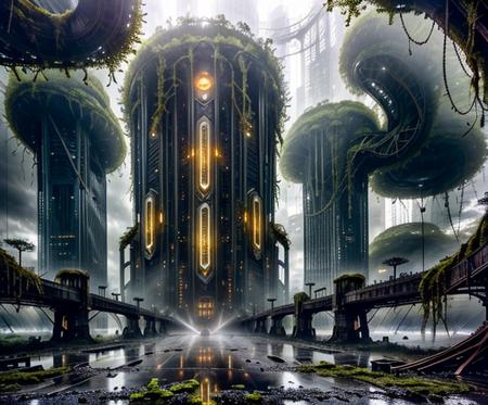 "An abandoned futuristic city slowly reclaimed by nature, colossal sci-fi skyscrapers crumbling under the weight of massive, twisted vines and glowing bioluminescent plants. Cracked metallic structures covered in moss, shattered glass towers overtaken by enormous tree roots, alien flora blossoming through rusted machinery. Mist floats between the ruins, casting ethereal light beams through broken ceilings. Hyper-realistic textures: oxidized metal, damp stone, glistening foliage, reflective water puddles. Wide-angle cinematic view, deep atmospheric perspective, extreme detail, hyperrealism, hauntingly beautiful mood."