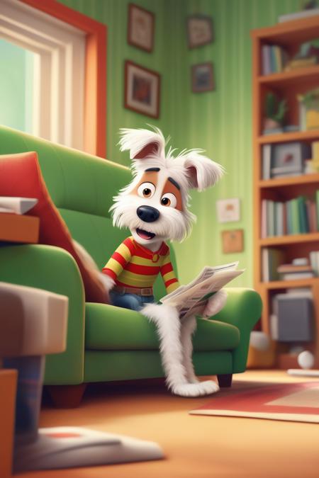 <lora:Aardman Animations Style:1>Aardman Animations Style - Funny picture of a dog jumping on a man, the man is wearing a red and yellow striped shirt. A man is sitting on a green couch in the living room reading newspaper. A small, playful, white dog with long fur jumps on the man. living room with green couch background