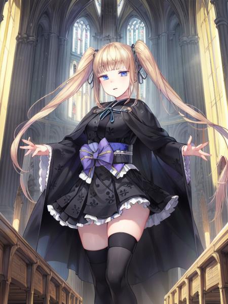 Okazaki,blonde hair, twintails, blue eyes,gold and black japanese clothes,capelet, obi, black thighhighs,
