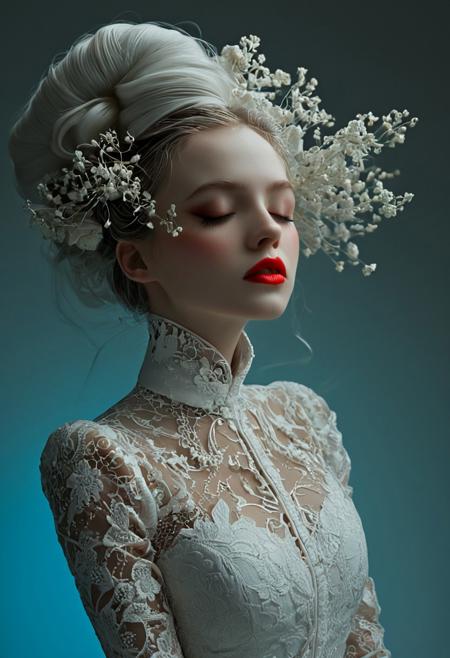 The image is a hyper-realistic, digital artwork of a woman rendered in a highly detailed, surreal style. The subject is a woman with a pale, almost ethereal complexion, dressed in an elaborate, ornate, high-collared white gown adorned with intricate, swirling patterns that resemble lace or delicate embroidery. The dress features a high neckline and long sleeves, with the fabric draped elegantly to accentuate her slender figure. Her hair is styled in a voluminous, intricate updo, covered in delicate, almost ethereal white flowers that flow outward as if caught in a breeze, creating a dynamic, almost otherworldly effect. The flowers are a slightly darker shade of white, adding depth and contrast to the scene.
Her eyes are closed, and her head is tilted back, giving her an almost ethereal, serene expression. Her lips are painted a bold, bright red, which stands out vividly against her pale skin and contrasts starkly with the white of her dress and hair. The background is a gradient of cool, muted colors, transitioning from a deep, almost black blue at the bottom to a lighter blue at the top, which enhances the focus on the subject. The lighting is soft yet dramatic, with a slight blue hue that complements the cool tones of the background.