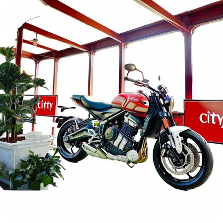 masterpiece, (best quality:1.3),sunlight, realistic, 
white motorcycle,  (city ground:1.5),cafe,potted plant,sunshade,