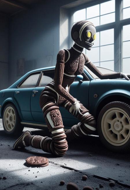 masterpiece, surrealism, liminal space, female,crash test dummy made of creamy cookies, ina classic car that has crashed, volumetric lighting through dusty window, mechanical and organic fusion background), dramatic Dutch angle, action pose, matte black, electric lime, steel blue, deep shadows, focused subject, soft atmosphere, 8K, absurdres, high detail, melancholy mood, cinematic depth of field, inspired by Ashley Wood
