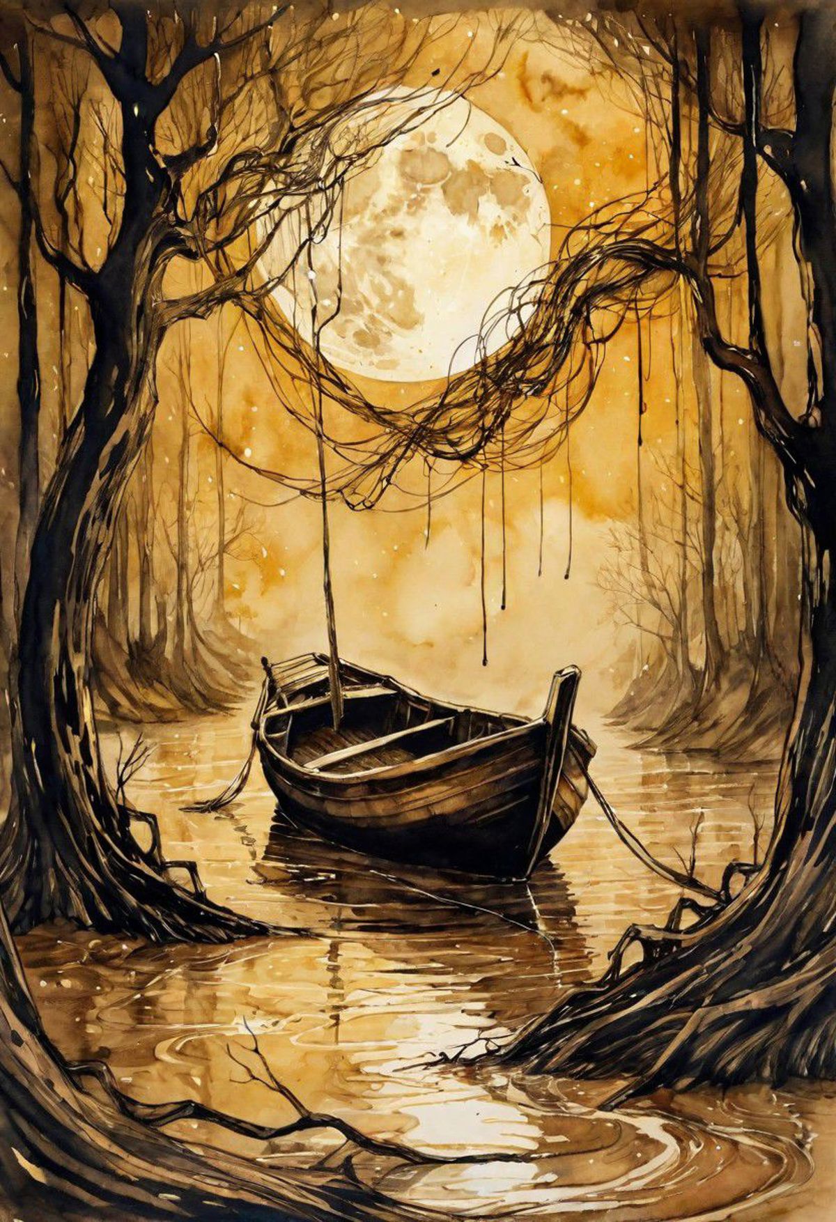 A Boat Sitting in the Water with the Moon Above.