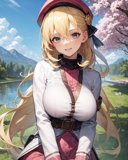 best quality, (masterpiece:1.2), illustration, absurdres,
(1girl, solo, beautiful detailed girl),  (upper body, portrait),
<lora:AgnesKuro-000010:0.9>,  blonde hair, long hair,  blue eyes, large breasts, hair ornament, 
beret, white coat, (pink turtleneck dress:1.1), necklace, belt, pink skirt, pantyhose, brown boots, thigh boots, 
happy, looking at viewer,
grassy mountains, trees, chinese architecture, river, plants,