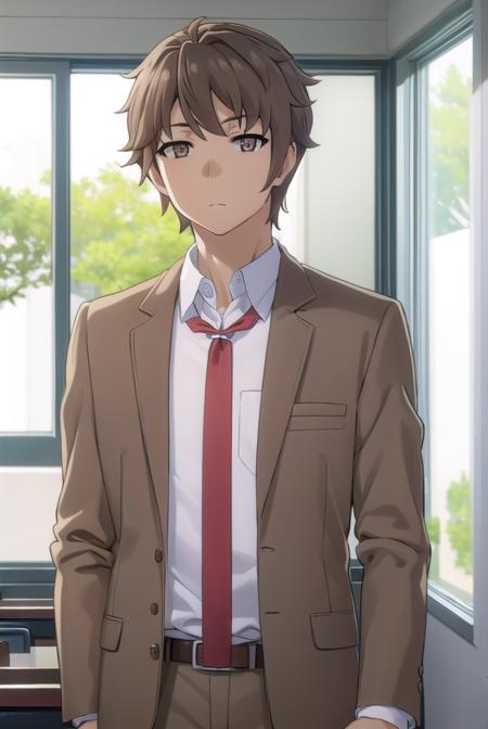 sakutaazusagawa, <lora:sakuta azusagawa s1-lora-nochekaiser:1>, 
sakuta azusagawa, short hair, brown hair, (brown eyes:1.5), male focus,
BREAK shirt, long sleeves, school uniform, jacket, white shirt, open clothes, necktie, belt, pants, blazer, red necktie, brown jacket,
BREAK indoors, classroom,
BREAK looking at viewer, (cowboy shot:1.5),
BREAK <lyco:GoodHands-beta2:1>, (masterpiece:1.2), best quality, high resolution, unity 8k wallpaper, (illustration:0.8), (beautiful detailed eyes:1.6), extremely detailed face, perfect lighting, extremely detailed CG, (perfect hands, perfect anatomy),