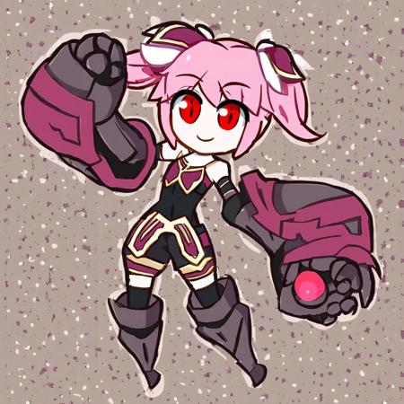 unipmika, pink hair, pigtails, red eyes, short maroon crop top, large gauntlets, shorts, black thigh highs, iron boots
