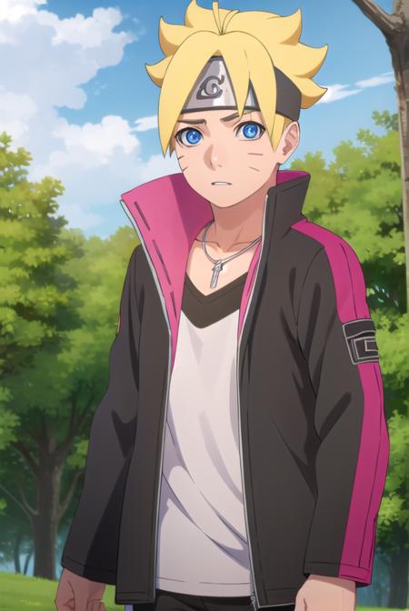 borutouzumaki, <lora:boruto uzumaki-lora-nochekaiser:1>,
boruto uzumaki, short hair, blue eyes, blonde hair, male focus, facial mark, spiked hair, whisker markings, forehead protector,
BREAK shirt, long sleeves, jewelry, jacket, white shirt, open clothes, pants, necklace, open jacket, black jacket, black pants,
BREAK outdoors, forest, nature, trees, grass, sky, clouds, sun,
BREAK looking at viewer, (cowboy shot:1.5),
BREAK <lyco:GoodHands-beta2:1>, (masterpiece:1.2), best quality, high resolution, unity 8k wallpaper, (illustration:0.8), (beautiful detailed eyes:1.6), extremely detailed face, perfect lighting, extremely detailed CG, (perfect hands, perfect anatomy),