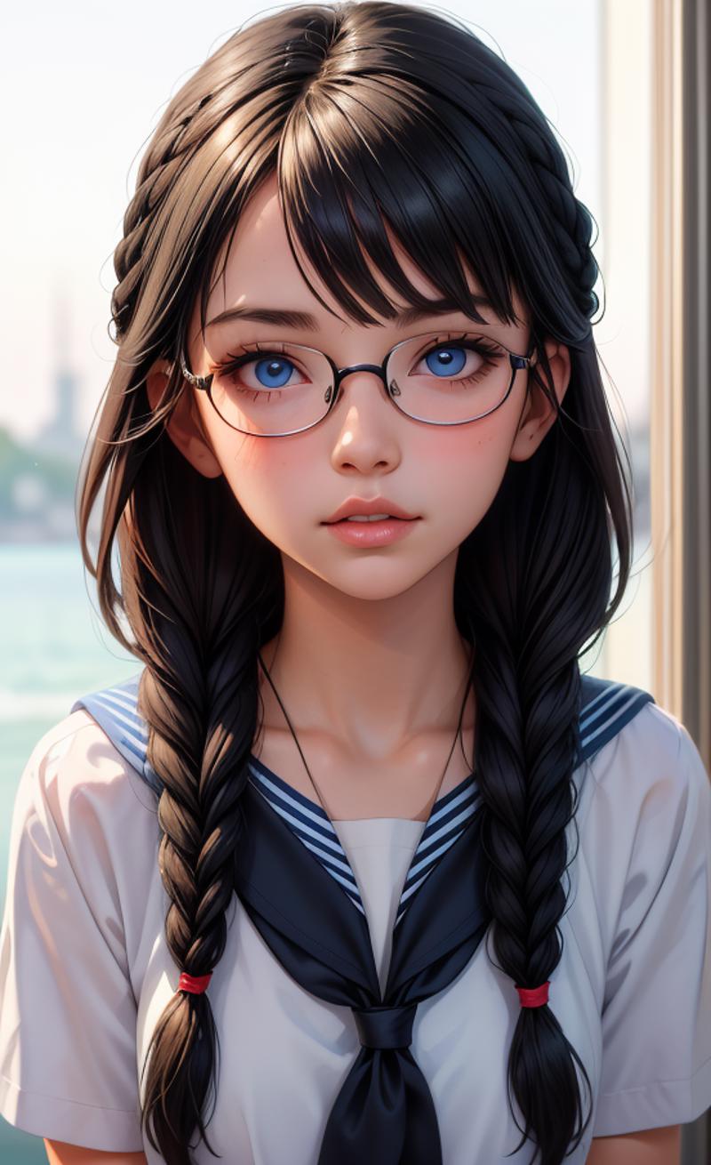 A cartoon drawing of a girl with glasses and a blue bow in her hair.