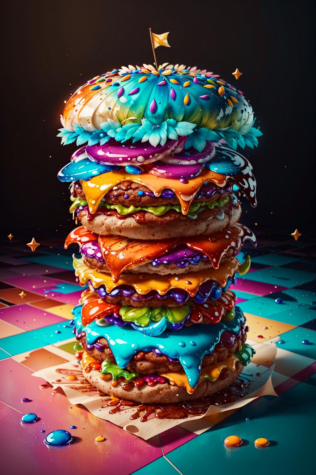 Artistic and colorful stack of donuts and sandwiches.