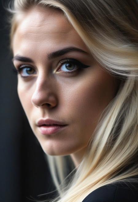 RAW photo, an eye contact of a blond with long hair and dark theme, 4k