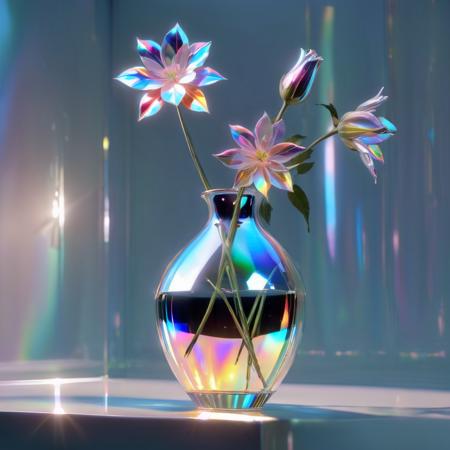 <lora:holographic0907xl-000008:0.9>,holographic,a glass vase with flowers in it on a table top with a mirror background and a light reflecting off the glass,translucent glass,holographic ray,holographic structure,glowing,clear glass,no humans,flower,simple background,