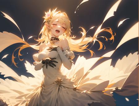 an extremely delicate and beautiful girl, 8k wallpaper, masterpiece,Cinematic Lighting, best quality,Illustration,detailed face depiction,(toplighting:1.2),dark,1girl, long hair, solo, dress, closed eyes, floating hair, singing, hands on own chest, pointy ears, music, black background,  open mouth, bare shoulders, hair ornament, hand on own chest, choker, breasts, bangs, white dress, blue background, frills, flower, frilled dress, detached sleeves, very long hair, gloves, strapless, strapless dress