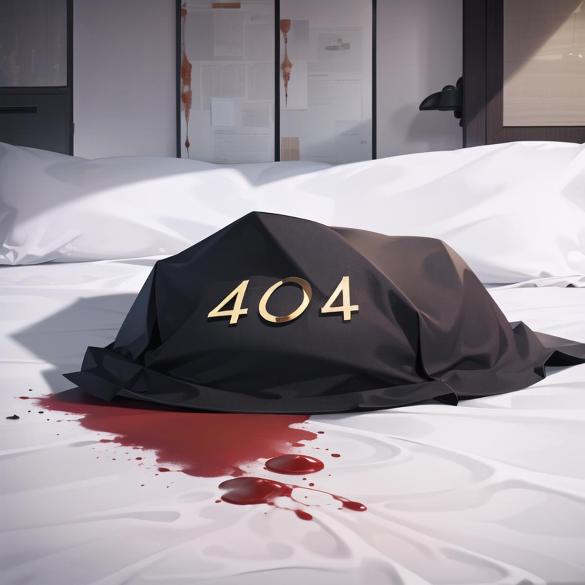 Blood on a bed with a 404 hat on top.