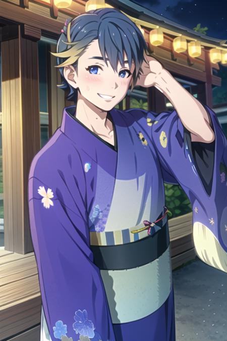 best quality, masterpeice, 1boy, alfonse \(fire emblem\), fire emblem, fire emblem heroes, blue hair, black hair, blonde hair, gradient hair, two-tone hair, short hair, hair between eyes, hair ornament, blue eyes, facing to the side, looking at viewer, sideway glance, pov, blush, happy, grin, solo, solo focus, outdoors, festival, cowboy shot, sweat, sweatdrop, collarbone, night, japanese clothes, yukata, kimono, (blue kimono:1.2), (floral pattern:1.3), (sash, tabi, obi:1.3), wide sleeves, close-up, arm up, adjusting hair, arm behind head, simple background,