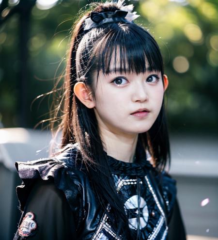 realistic, photorealistic, detailed, beautiful, RAW photo, film grain, (natural lighting :1.2), japanese, woman, raw photo, photo background, long hair, baby metal, suzuka nakamoto,S0zuka23, punk style, black outfit, 20 years old, detailed black eyes,  <lora:S0zuka23:0.95>, bokeh, park,mature