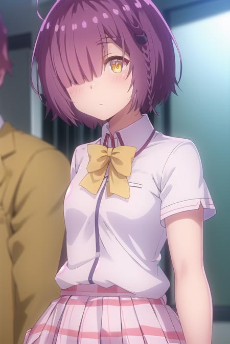 ayanofujimoto, <lora:ayano fujimoto s1-lora-nochekaiser:1>,
ayano fujimoto, short hair, hair ornament, (yellow eyes:1.3), purple hair, braid, (hair over one eye:1.5),
BREAK skirt, shirt, bow, school uniform, white shirt, short sleeves, pleated skirt, shoes, socks, bowtie, plaid, plaid skirt, brown footwear, black socks, loafers, pink skirt,
BREAK indoors, classroom,
BREAK looking at viewer,
BREAK <lyco:GoodHands-beta2:1>, (masterpiece:1.2), best quality, high resolution, unity 8k wallpaper, (illustration:0.8), (beautiful detailed eyes:1.6), extremely detailed face, perfect lighting, extremely detailed CG, (perfect hands, perfect anatomy),