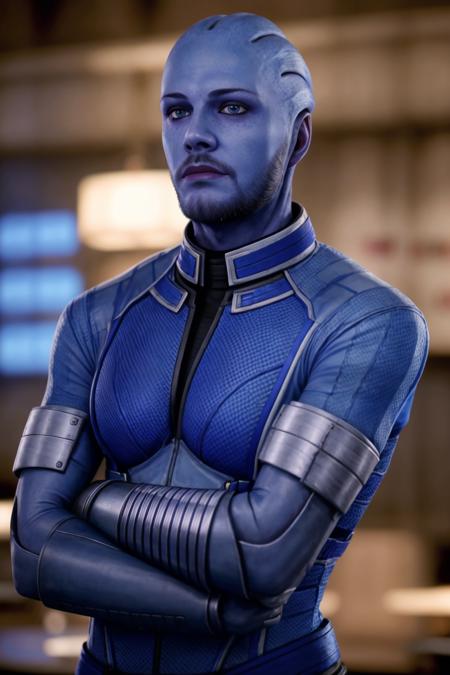 GS-Masculine masseffectliara, blue skin man beard standing at a table (masterpiece:1.2) (photorealistic:1.2) (bokeh) (best quality) (detailed skin:1.3) (intricate details) (8k) (HDR) (analog film) (canon d5) (cinematic lighting) (sharp focus) <lora:masseffectliara:0.7>