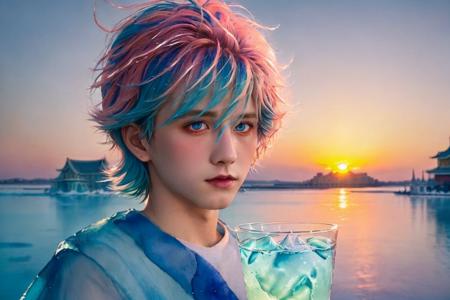 <lora:handsome:0.7> solo, blue eyes, short hair, looking at viewer, upper body, 1boy, pink hair,cup, sunset, beautiful detailed glow,detailed ice,beautiful detailed water,(floating palaces:1.2),multicolored hair, blue hair,beautiful detailed glow, (detailed ice), beautiful detailed water,