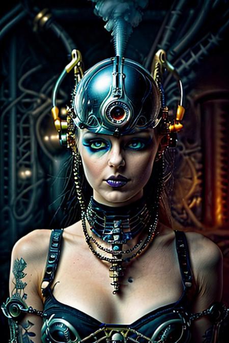 "A whimsical humanoid AI in a steampunk universe, her mechanical features crafted with brass, gears, and clockwork, delicately fused with organic materials like wood and lace. She wears a victorian-inspired dress with intricate designs, holding a glowing gear-shaped artifact. Her expression is serene, her blue eyes reflecting the light of a glowing steam engine in the background. Art style: vibrant and detailed, with warm metallic tones and vintage aesthetics." face close up,
NEG_EMBED_STABLE_YOGI_V3, cyberg1gerng, cyberg1gerng face,