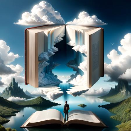 concept art [X] a giant surreal book,open art,in |,masterpiece,cloudy solo,sky sky,standing daily 1other,behind,art outdoors,fantasy front beeple 3 scenery,man cloud,standing,artgem water,landscape,beeple,style,d symmetrical realism from and | of artwork,render digital,cloud,sky,solo,scenery   <lora:DalE-3-FFusion-LyCORIS:1> . digital artwork, illustrative, painterly, matte painting, highly detailed