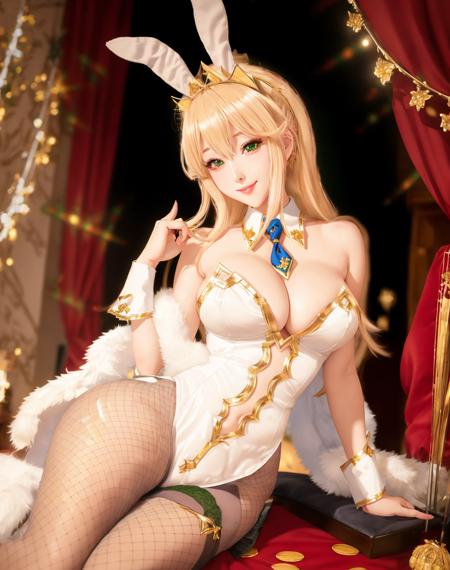 Masterpiece, absurdres, fine detail, HDR, highly detailed face and eyes, photorealistic, smiling, kingbunny, bunny ears, fishnet stockings, pantyhose, high heels,blonde hair, green eyes, detached collar, necktie, clothing cutout, white top , chic background, a woman wearing kingbunny, <lora:king_bunny1:0.7>