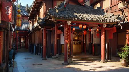 best quality,masterpiece,highly detailed,ultra-detailed, oldtaipei, architecture, scenery, east asian architecture, ibuki suika, no humans, pillar, stairs, torii, statue, horns, lantern, banner, column <lora:oldtaipei:0.75> by fantasy art,