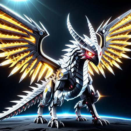diamondMW, countless diamonds, codeandigital, c0dean0igital, cyberw0rlds, no humans, dragon made of code, mountain background, mountains, wings made of made of diamonds, duel monster, claws, solo, open mouth, tail, red eyes, sharp teeth, teeth, monster, robot, full body, non-humanoid robot, horns, mecha, flying, tongue, from side, creature, fangs, science fiction, glowing, mechanical wings, spikes, yellow eyes, colored sclera, gem, looking at viewer, armor made of diamonds