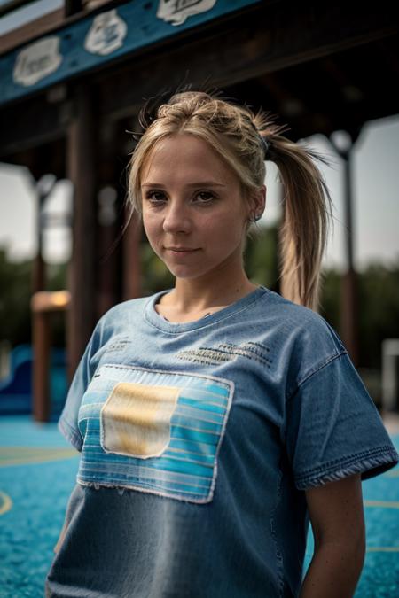 jeans, Sea Blue tshirt in a playground,  <lora:Sarah_Jane_Honeywell:1> masterpiece,best quality, detailed face, 1girl, solo, sj1873h, blonde_hair, pony tail