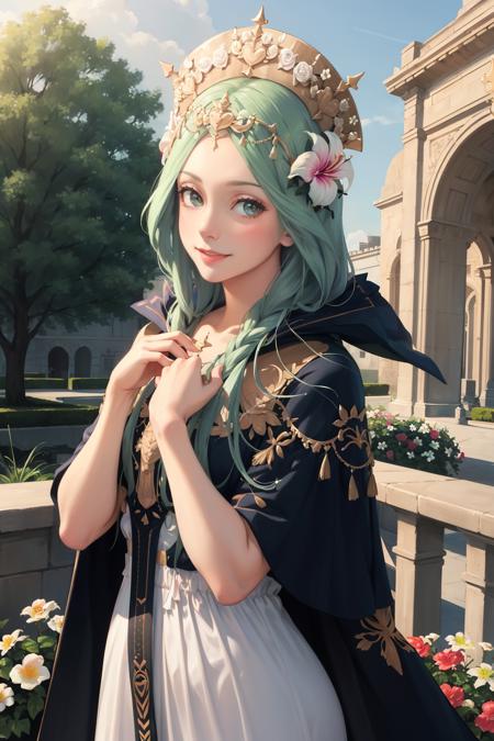 masterpiece, best quality, defRhea, headdress, hair flower, tiara, cape, long white dress, upper body, looking at viewer, smile, marble arch, bannisters, garden, sky, hands to chest <lora:rhea-nvwls-v3-000009:0.9>