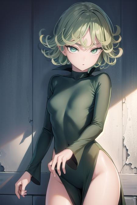 tatsumaki, short hair, curly hair, green hair, (green eyes:1.5), long sleeves, dress,