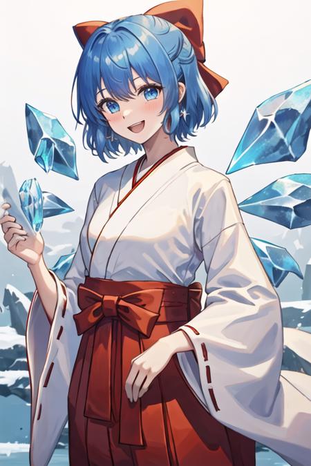 best quality, masterpiece, highres, solo, {white kimono:1.35}, {red hakama:1.35}, {wide sleeves:1.20}, {cirno_touhou:1.15}, blue_hair, bow, hair_bow, short_hair, wings, ice, blue_bow, ice_wings, blue_eyes, bangs, blush, smile, upper_body, open_mouth, hair_between_eyes, ribbon, neck_ribbon