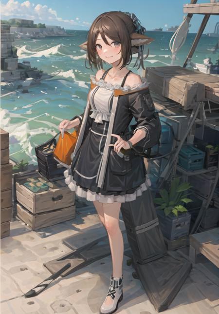 ((masterpiece,best quality)), 4k, highres, 1girl, solo, full body, legs, beautiful face, light smile, standing, outdoors, sea, <lora:perfumerV5:0.8>