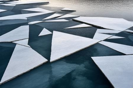Aerial perspective overlooks a fractured waterfront: angular planes of chalk-white and slate cascade into a still mercury-toned bay, their jagged edges dissolving into mist. Cubist distortions fragment the horizon into intersecting triangles and rhomboids, echoing Picasso’s analytic phase fused with Tamara de Lempicka’s sleek minimalism. The palette hinges on bleached cobalt shadows and whispers of burnt umber, backlit by a diffused saffron glow that etches geometric halos onto the water’s matte, inkblot surface. A lone silhouetted arch—sliced by intersecting black lines—floats mid-air, its reflection shattered into monochrome shards that ripple with ghostly symmetry.
