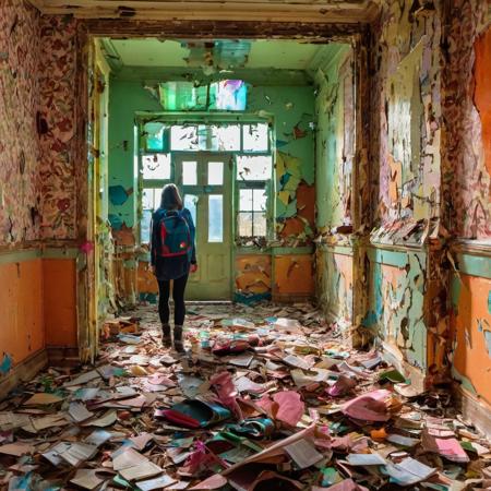 Psychedelic style, r/realgirls,Amidst the decaying remnants of an abandoned mental asylum, a lone explorer emerges as a solitary beacon of curiosity. Bathed in the eerie, filtered light streaming through shattered windows, they stand amidst peeling wallpaper and broken glass. The explorer's silhouette is enigmatic, hidden beneath layers of dust and shadows. Their backpack carries the weight of history, filled with rusted keys and worn patient records, a testament to the asylum's haunting past. In this desolate, forgotten place, the explorer becomes a modern-day archeologist, unearthing the forgotten stories of the mentally troubled who once inhabited these now-haunted halls. Every step they take echoes through the asylum's silent, melancholic corridors, a testament to their determination in the face of the unknown. They are an embodiment of curiosity, adventure, and an unrelenting quest for the past's mysteries. film grain, soft focus,<lora:more_details:0.5>, Vibrant colors, swirling patterns, abstract forms, surreal, trippy