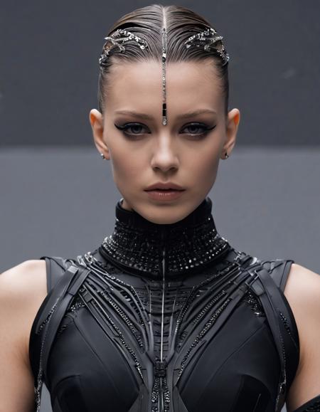 Techwear fashion <lora:Alexander McQueen-art deco-000005:1>,Alexander McQueen,art deco,dress,, hair, forehead, eyebrows, eyes, nose, lips, neck, collarbone, . Futuristic, cyberpunk, urban, tactical, sleek, dark, highly detailed