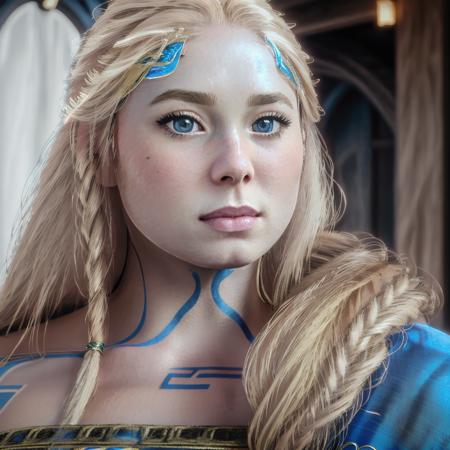 Sif, photorealistic, 4k, UHD, ((blonde hair over her left shoulder))),  blue dress, blue eyes, <lora:Sif_GodofWar:1.1>