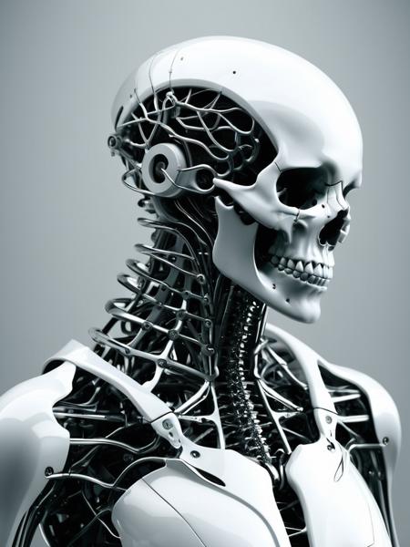 An enthralling 3D render unveils a dark fantasy mechanical neck spine system, envisioning a futuristic and sinister concept. The spine is intricately detailed, incorporating fiber optic neurons that interconnect with a polished, transparent helmet. The helmet houses electronic-optical eyes that emit a subtle, enigmatic glow, contributing to the ominous appearance. The design masterfully merges advanced technology with the macabre, eliciting a sense of enigma and captivation. This conceptual artwork prompts the viewer to contemplate the intersection of technology and dark fantasy, evoking a blend of fascination and discomfort.