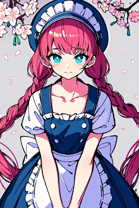 <lora:Kaneni:1>1girl, solo, long hair, hat, braid, twin braids, looking at viewer, petals, apron, red hair, pink hair, collarbone, blue headwear, twintails, green eyes, branch, bangs, cherry blossoms, closed mouth, very long hair, aqua eyes, white pupils, bright pupils