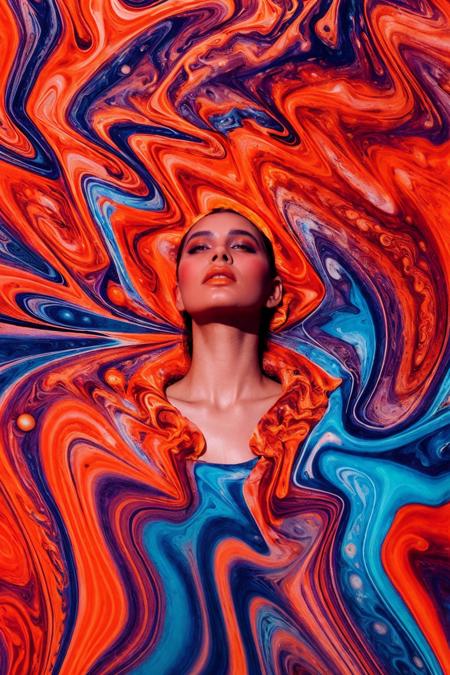 woman, (Jupiter textile print:1.2), fashion, melting, glassmaze, optical illusion,( simple background:1.2), marbled swirls, orange tone, dune, fluid, neon light