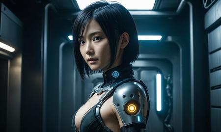 a professional photograph,(cinema cyberpunk city:1.3) with a beautiful [japanese girl:japanese woman] in a delicate cyberpunk suit,black short hair,