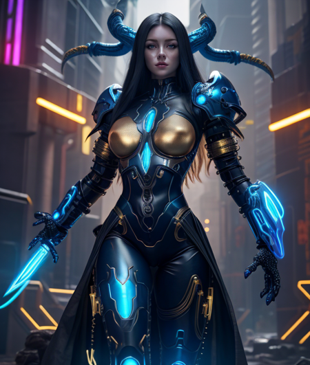 Cybernetic iron female and blue dragon near her with gold inserts on the cover in cyberpunk style with neon illumination, shoulders bare : Black Ink Flow: 8k photorealistic masterpiece, intricately detailed liquid gouacheintricately detailed, complex, elegant, expansive, fantasy background <lora:4x_RealisticRescaler_100000_G:1> <lora:epiNoiseoffset_v2:1>