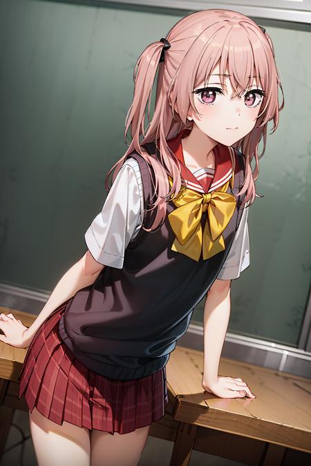 best quality, (masterpiece:1.2), detailed,
<lora:chara_SonoBisqueDoll_InuiSajuna_v1:0.8>, inui sajuna juju,
1girl, solo, closed mouth,
pink hair, pink eyes, long hair, two side up,
school uniform, sweater vest, black vest, red sailor collar, red skirt, yellow bow,
standing, (from angle:1.4), looking at the viewer,
classroom