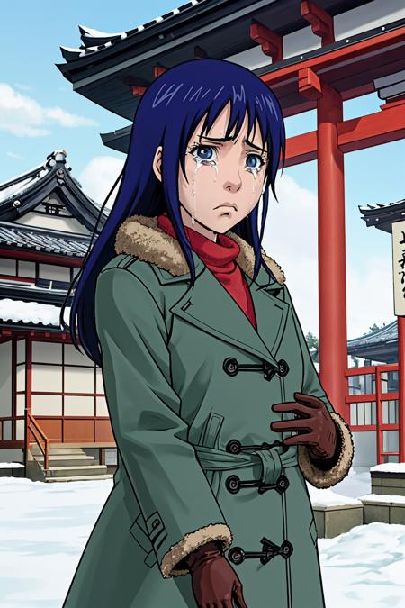 1girl, Teruhashi, blue eyes, coat, gloves, long hair, looking at viewer, sad, cry, solo, <lora:Teruhashiv3-000006:0.8>, japanese temple