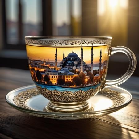 Landscape from istanbul in a glass tea cup, intricate details, highly detailed., ultrarealistic, soft lighting, 8k