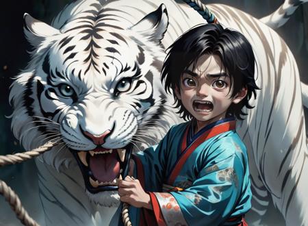 The image of the boy in the picture is unique, with black hair and long hair. He was dressed in Hanfu and wore fine jewelry. The boy holds a rope and faces a white tiger with a wide open mouth. The tiger's teeth are clearly visible, adding to the horror and mystery of the picture. The background of the picture is a dark scene, creating an atmosphere of mystery and danger. In general, this is a work of great visual impact and artistic value, suitable for use as a work of art or wallpaper.