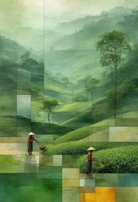 Imagine a serene Indian tea plantation nestled amongst rolling hills, reimagined as a Cubist stained-glass spectacle. Workers harvest tea leaves under the warm sunlight, their movements captured in fragmented planes. The landscape unfolds in layers of green and brown, punctuated by vibrant splashes of color from flowering shrubs. The color palette utilizes muted greens, earthy browns, soft yellows, and touches of crimson, conveying a sense of tranquility and abundance. Blend photorealistic details â the textures of the tea leaves, the details of the worker's faces, the reflections of the light â with the geometric abstraction of Cubism. The overall composition should convey a sense of peace, labor, and the natural beauty of the Indian landscape, deeply immersed in a dramatic interplay of light and shadow.