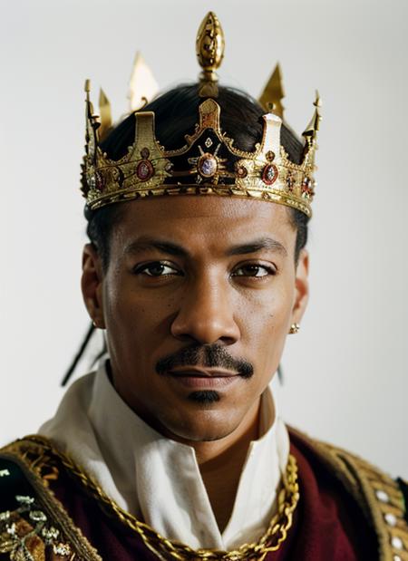 a photo of (em1), a man (wearing a king costume with crown),  (simple white background), (focus on face:1.2), (masterpiece:1.2), (photorealistic:1.2), (best quality), (detailed skin:1.2), (intricate details), (8k), (HDR), (cinematic lighting), (sharp focus), (close-up:1.2), (looking at viewer:1.1) <lora:EddieMurphy:1>